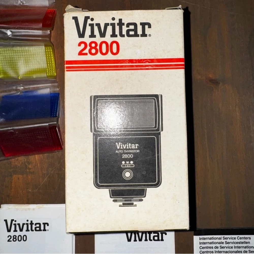 Vtg Vivitar Auto Thyristor 2800 Shoe Mount Flash Working W/ Filters, Box, Manual